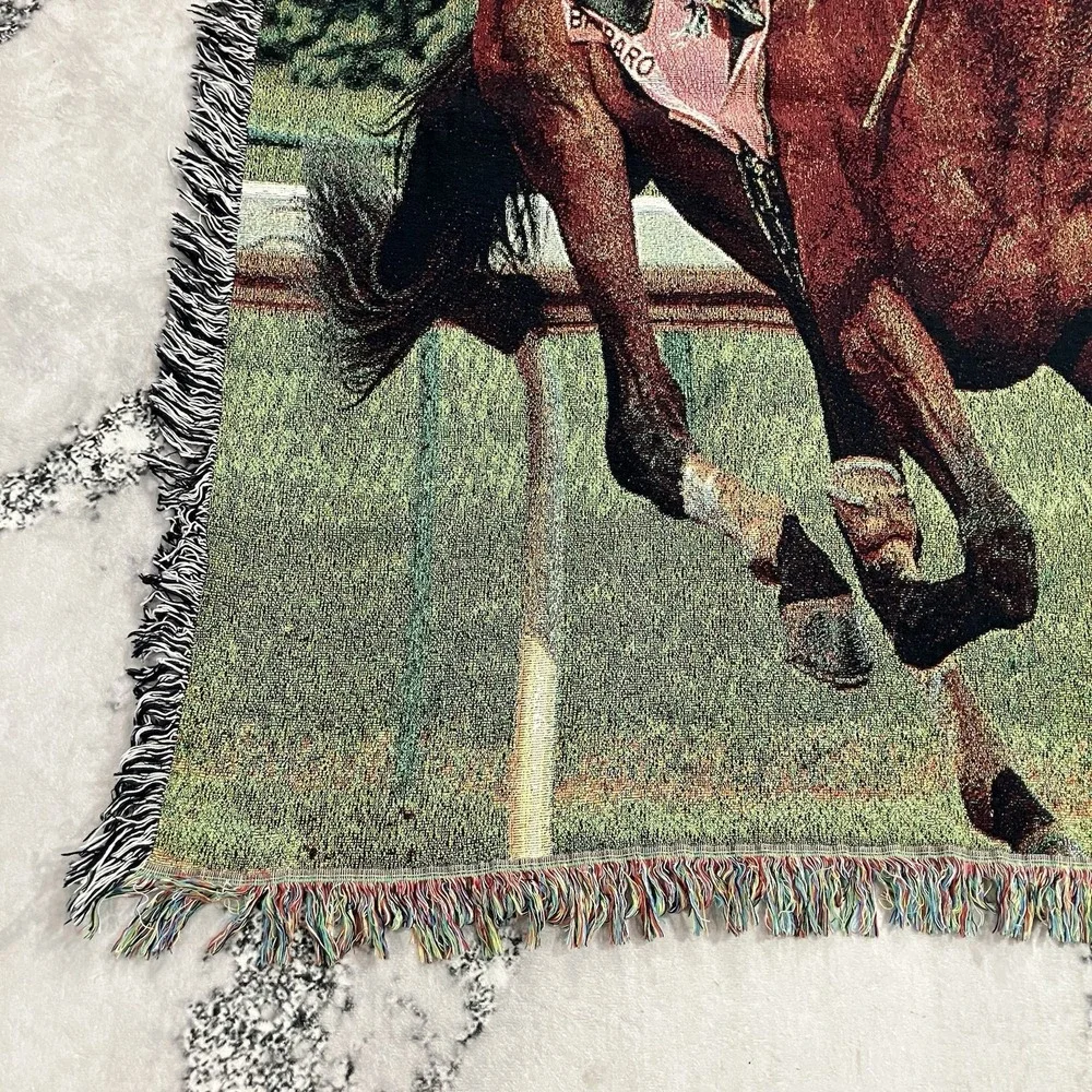 Horse Racing Tapestry Throw Blanket Jockey Thoroughbred Equestrian Woven Fringe